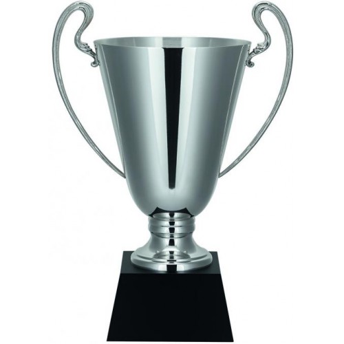 Pokal, versilbert, poliert, schlicht, Henkel, Holz-Sockel (Italien)