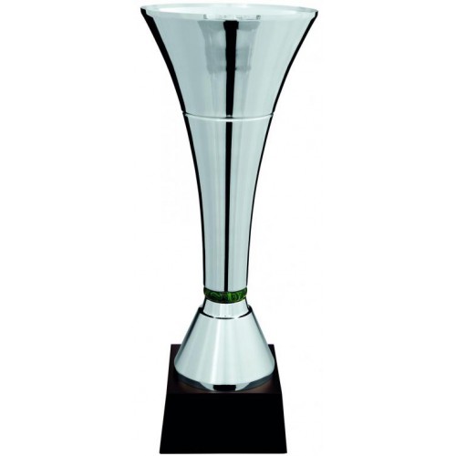 Pokal, versilbert poliert, Trötenform, 1 farbiger Stein im Stiel, Holz-Sockel (Italien)