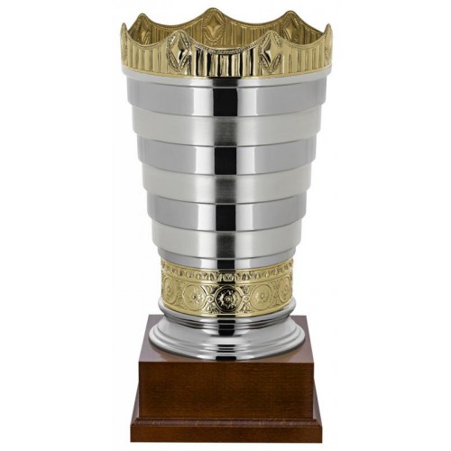 Pokal, versilbert, poliert/gebürstet, konisch, goldene Krone/Bordüre, Holzsockel (Italien)