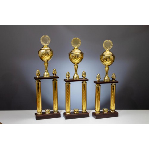 Säulenpokal mit Henkel und Deckel, goldfarben, auf 2 Säulen, Holzsockel 205x32mm
