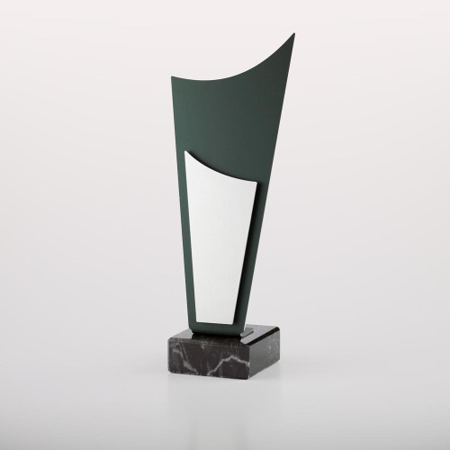 Trophäe, 2tlg., Aluminium, 15 mm stark, grün und silberfarben, Eloxalqualität, beide oben nach innen gebogen auf Sockel 8x8x3 cm