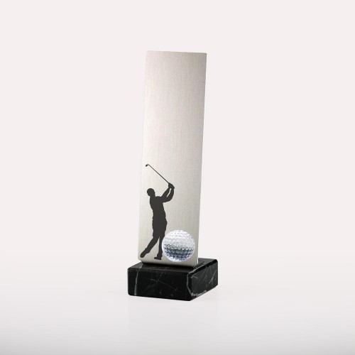 Trophäe, Aluminiumplatte, 1,5 mm stark , Eloxalqualität auf Marmorsockel 8x8x3 cm inkl. Golfer und Golfballinse 4cm D