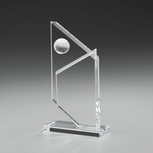 Trophäe "Double Peak", zwei Optical White Glas Platten auf Fuß, 10 mm Stärke, inkl. Golfballlinse mit 4cm D