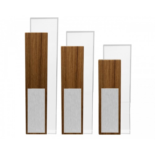 Trophäe, Holzpokal, Korpus aus Eiche mit Acrylblock und Edelstahlplatte