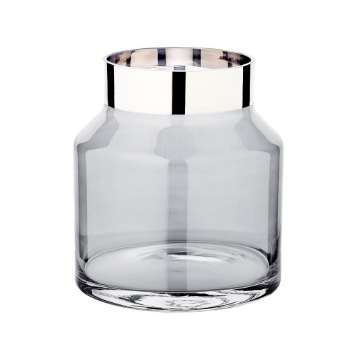 Vase (Windlicht), dunkles Glas, gerade, mit aufgedampftem Platinrand (Handarbeit)