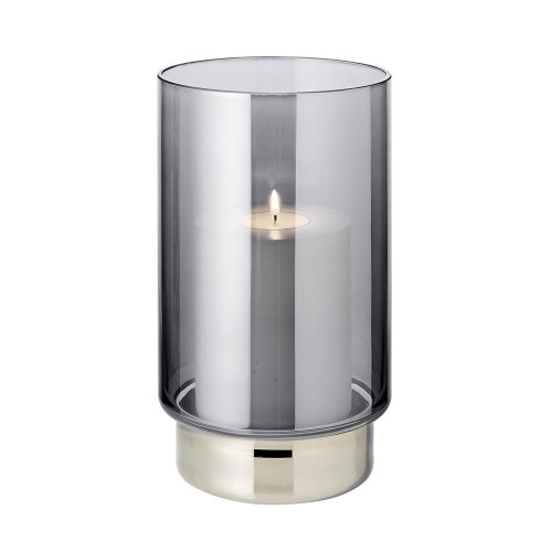Windlicht, dunkles Glas, gerade, schmal, mundgeblasen auf silberfarbenem Fuß, mit aufgedampftem Platinrand, ohne Kerze (Handarbeit)