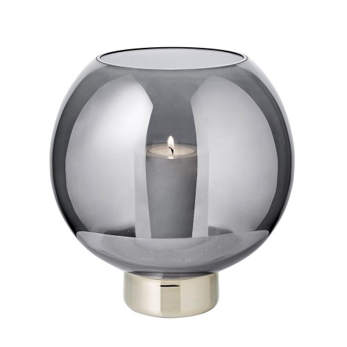 Windlicht, dunkles Glas, Kugel, mundgeblasen auf silberfarbenem Fuß, mit aufgedampftem Platinrand, ohne Kerze (Handarbeit)